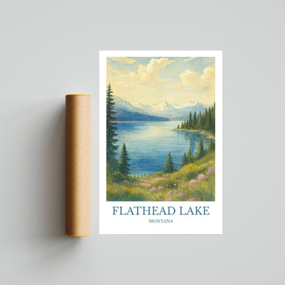 Flathead Lake, Watercolor design poster, Montana Print, Flathead Lake Wall Art