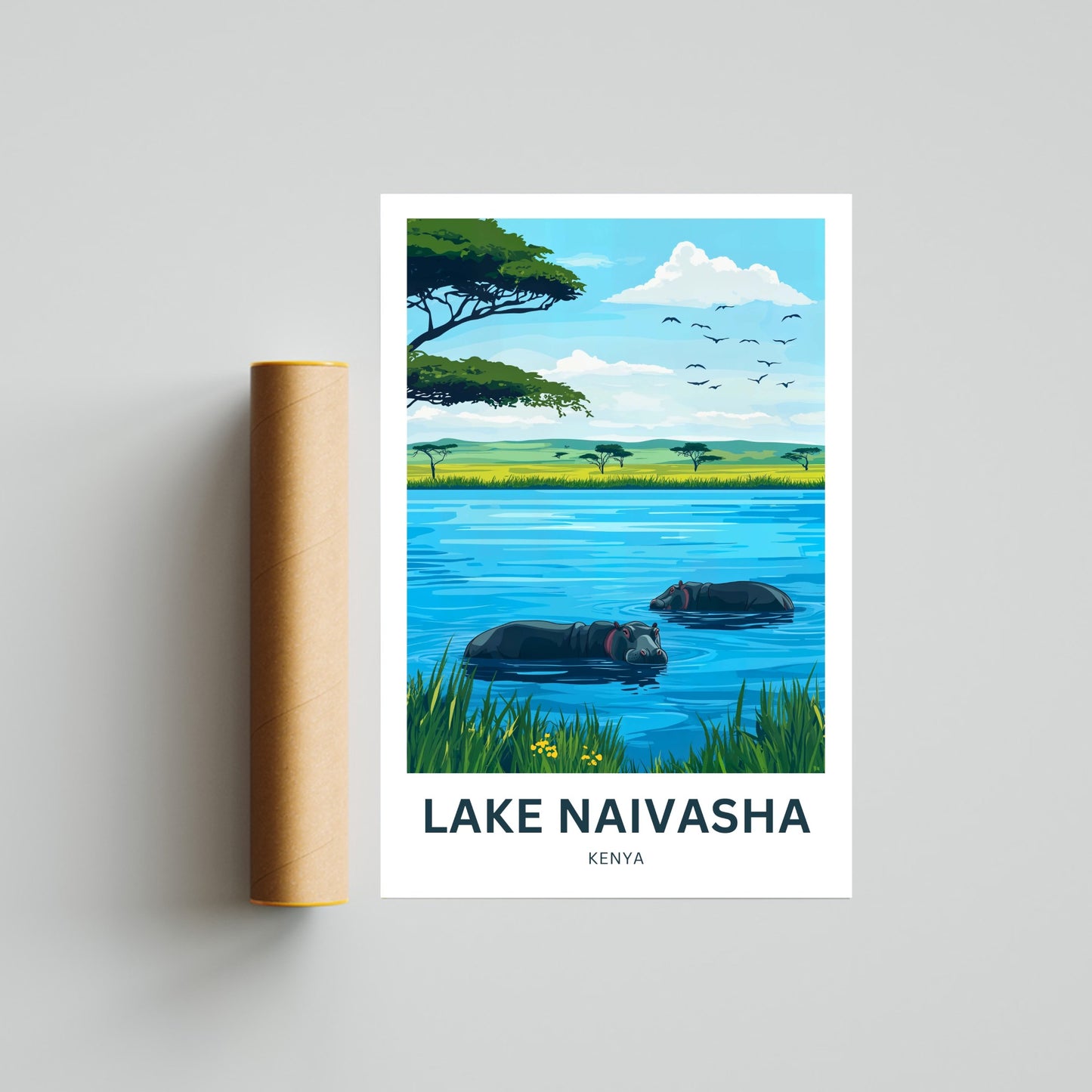 Lake Naivasha Travel Poster - Captivating Birds and Hippos