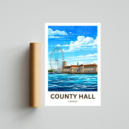 County Hall and the iconic London Eye Travel Poster - Riverside