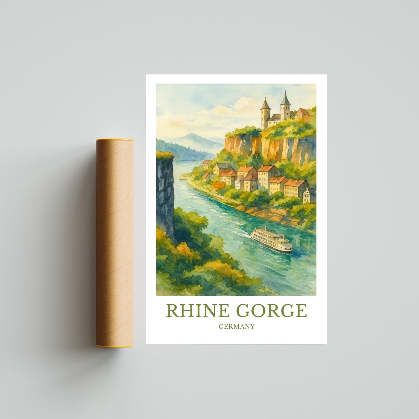 Rhine Gorge, Watercolor design poster, Germany Print, Rhine Gorge Wall Art