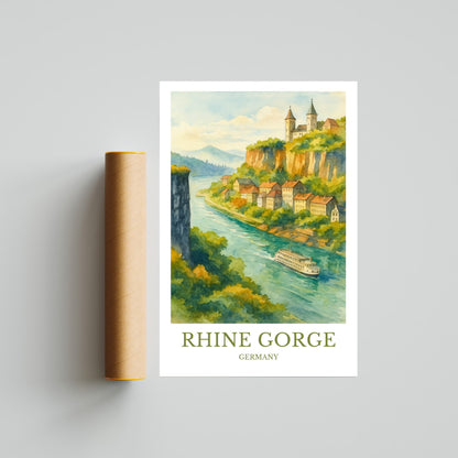 Rhine Gorge, Watercolor design poster, Germany Print, Rhine Gorge Wall Art