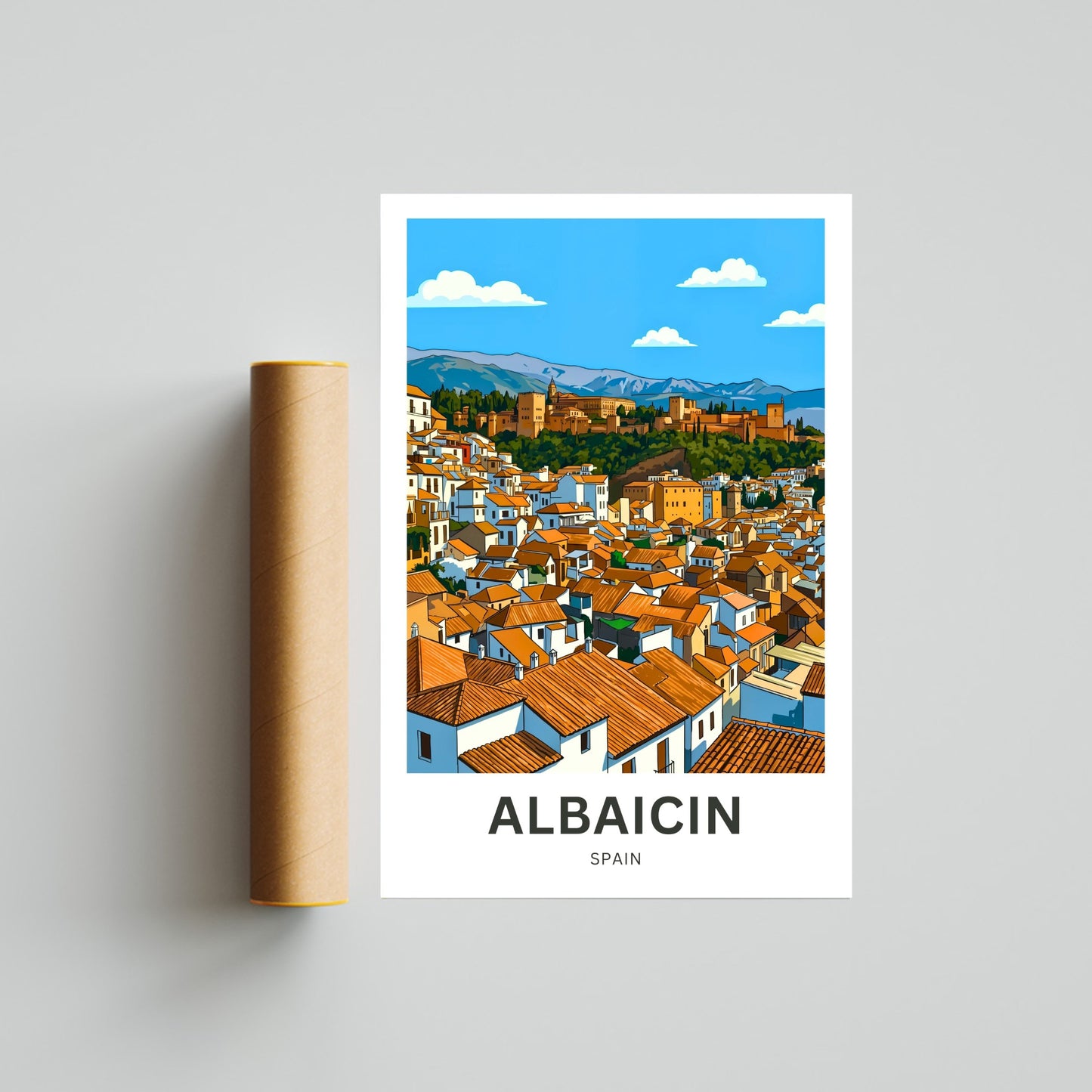 Albaicín Travel Poster - District and Alhambra Overlooking View