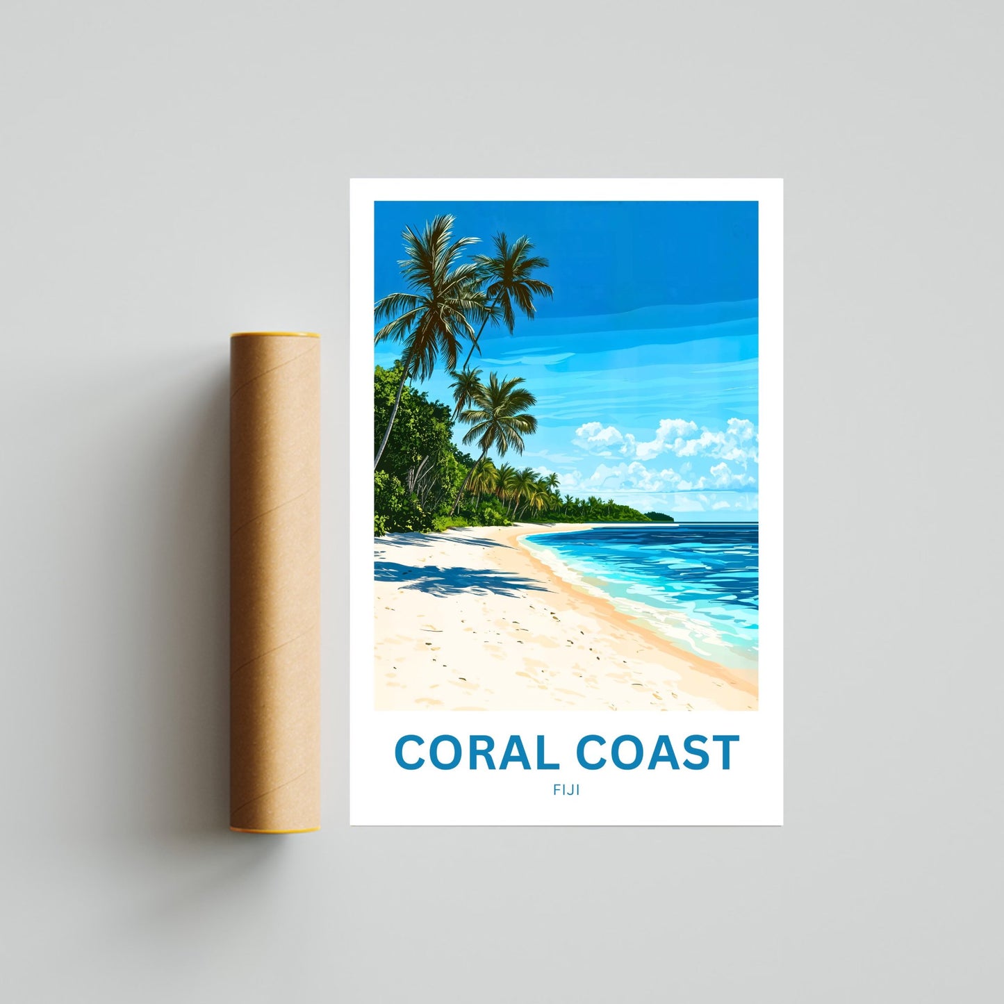 Coral Coast, Fiji Travel Poster - Stunning view of Island Palm Trees Scene