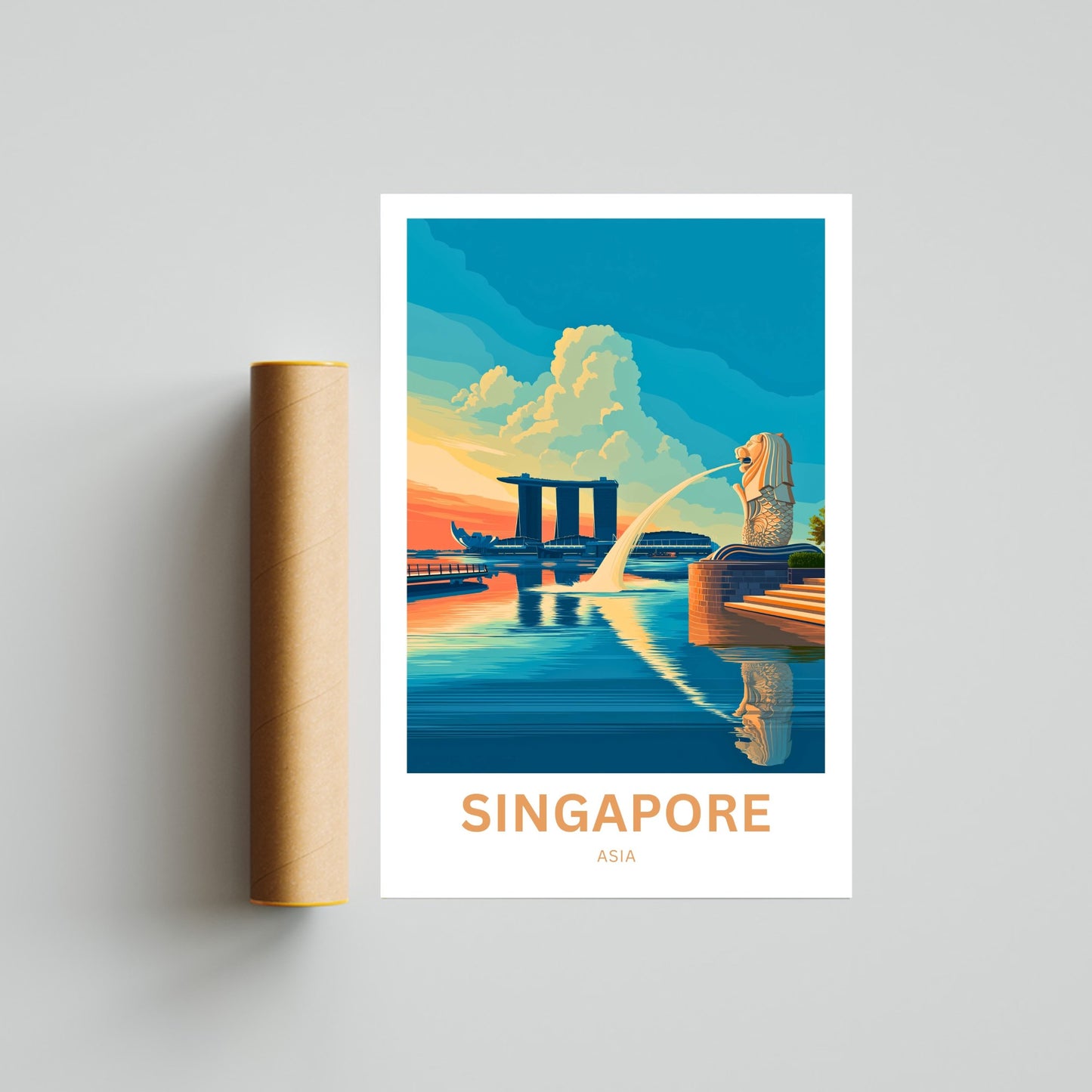 Singapore Travel Poster - Captivating Merlion VIew and Marina Bay