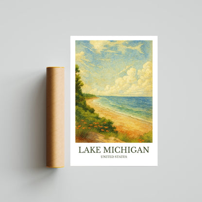 Lake Michigan, Watercolor design poster, North America’s Great Lakes Print, Lake Michigan Wall Art