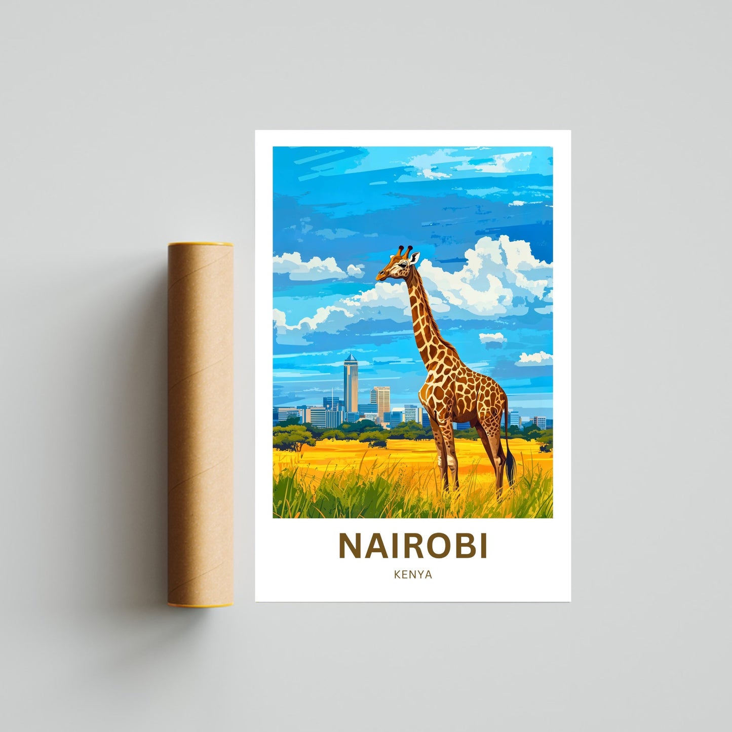 Nairobi Travel Poster - Captivating Girafe and Skyline
