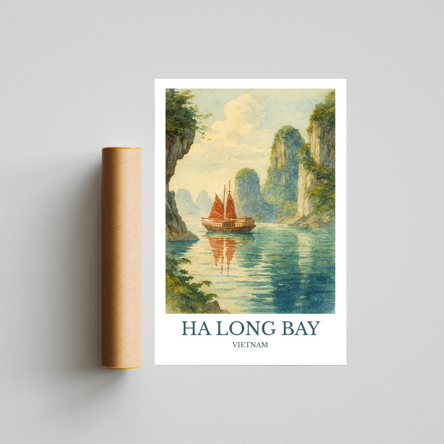 Hạ Long Bay, Watercolor design poster, Vietnam Print, Hạ Long Bay Wall Art