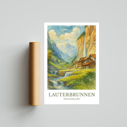 Lauterbrunnen, Watercolor design poster, Switzerland Print, Lauterbrunnen Wall Art