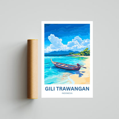 Gili Trawangan Travel Poster- Indonesia  White Sands Shore and  Blue Horizons