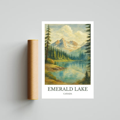 Emerald Lake, Watercolor design poster, Canada Print, Emerald Lake Wall Art