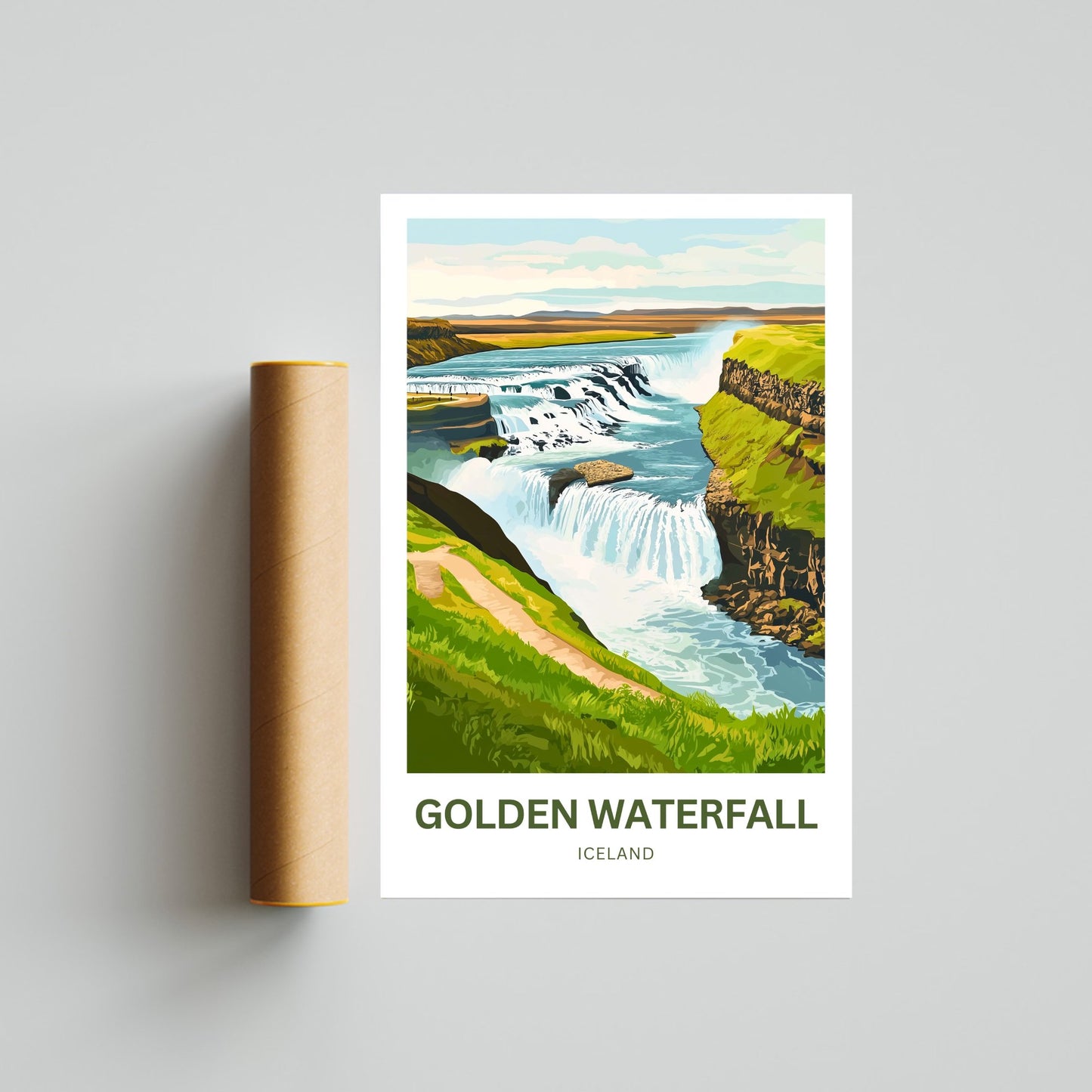 Golden Waterfall Travel Poster - Captivating Iconic Falls of Iceland