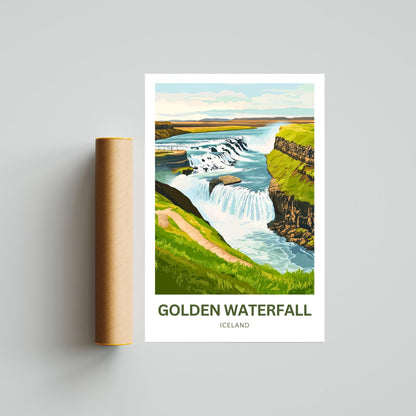 Golden Waterfall Travel Poster - Captivating Iconic Falls of Iceland