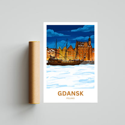 Gdańsk  Travel Poster - Twilight Over The Frozen Old Port