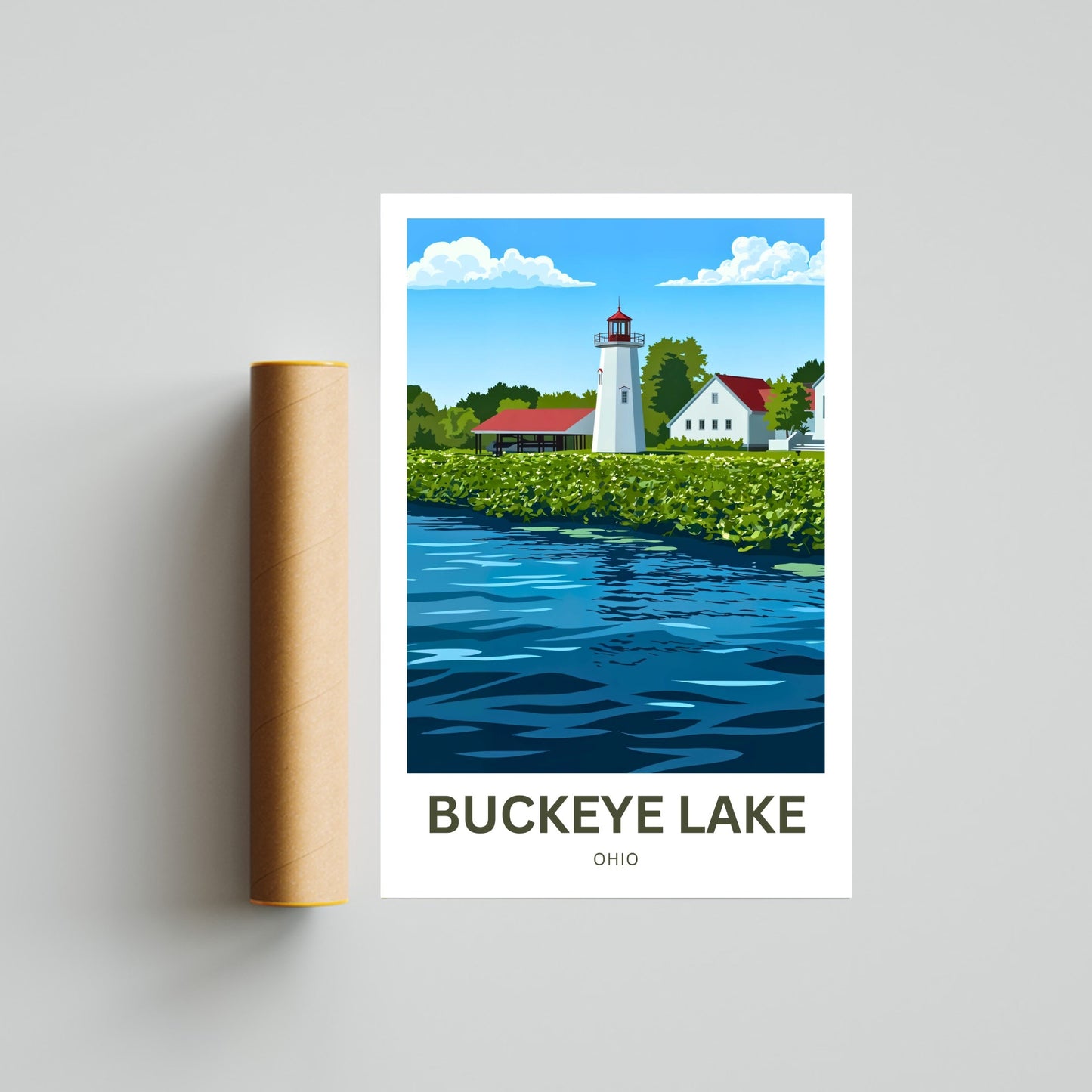 Buckeye Lake Travel Poster -  Iconic Lighthouse on the Lake