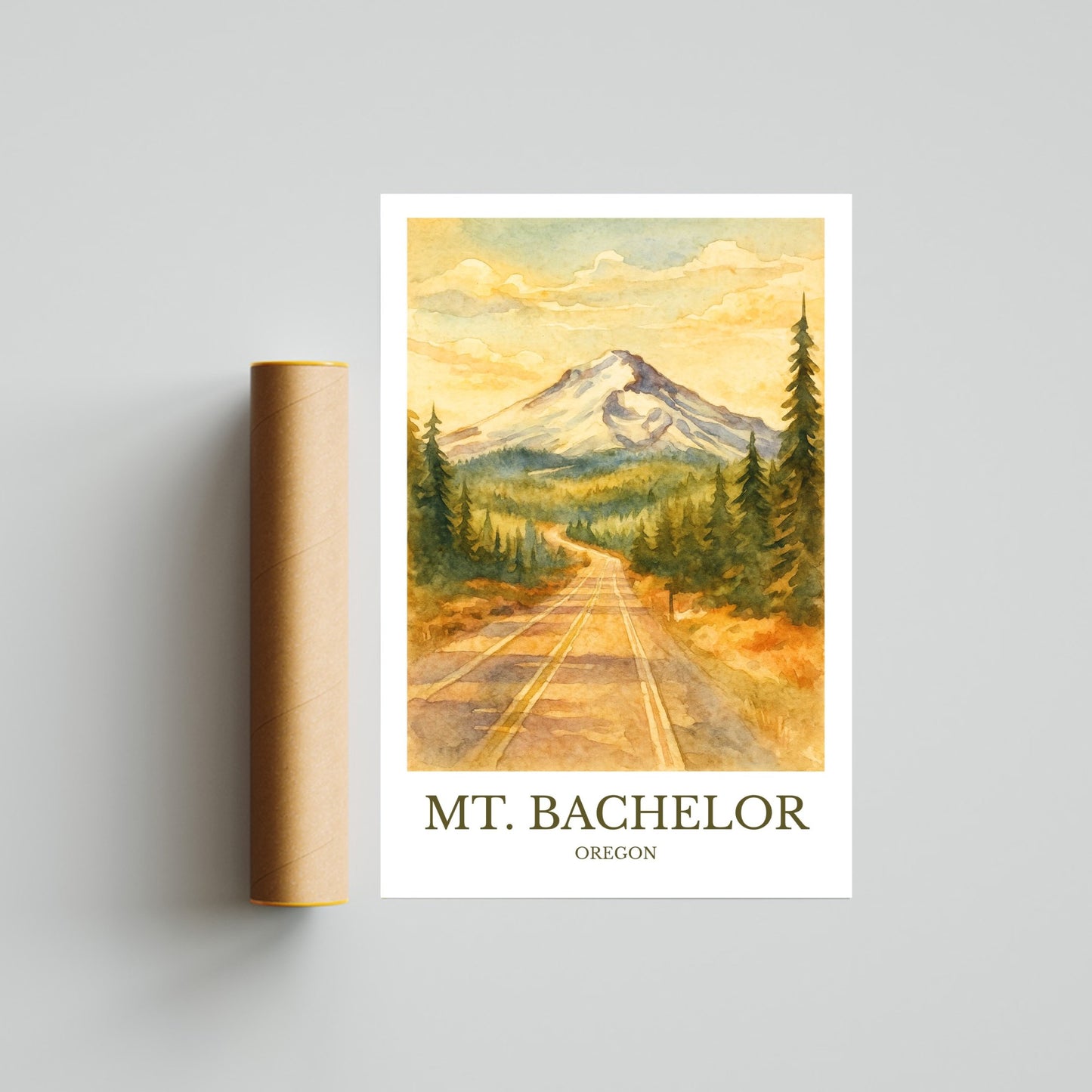 Mount Bachelor, Watercolor design poster, Oregon Print, Mount Bachelor Wall Art