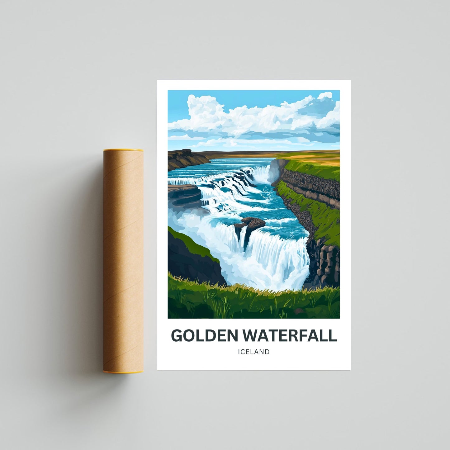Golden Waterfall Travel Poster - Stunning View of Gullfoss Iceland