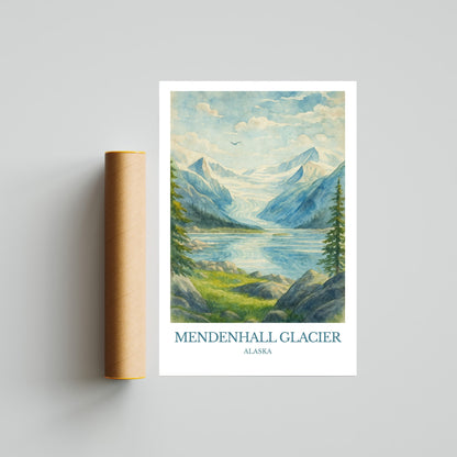 Mendenhall Glacier, Watercolor design poster, Alaska Print, Mendenhall Glacier Wall Art