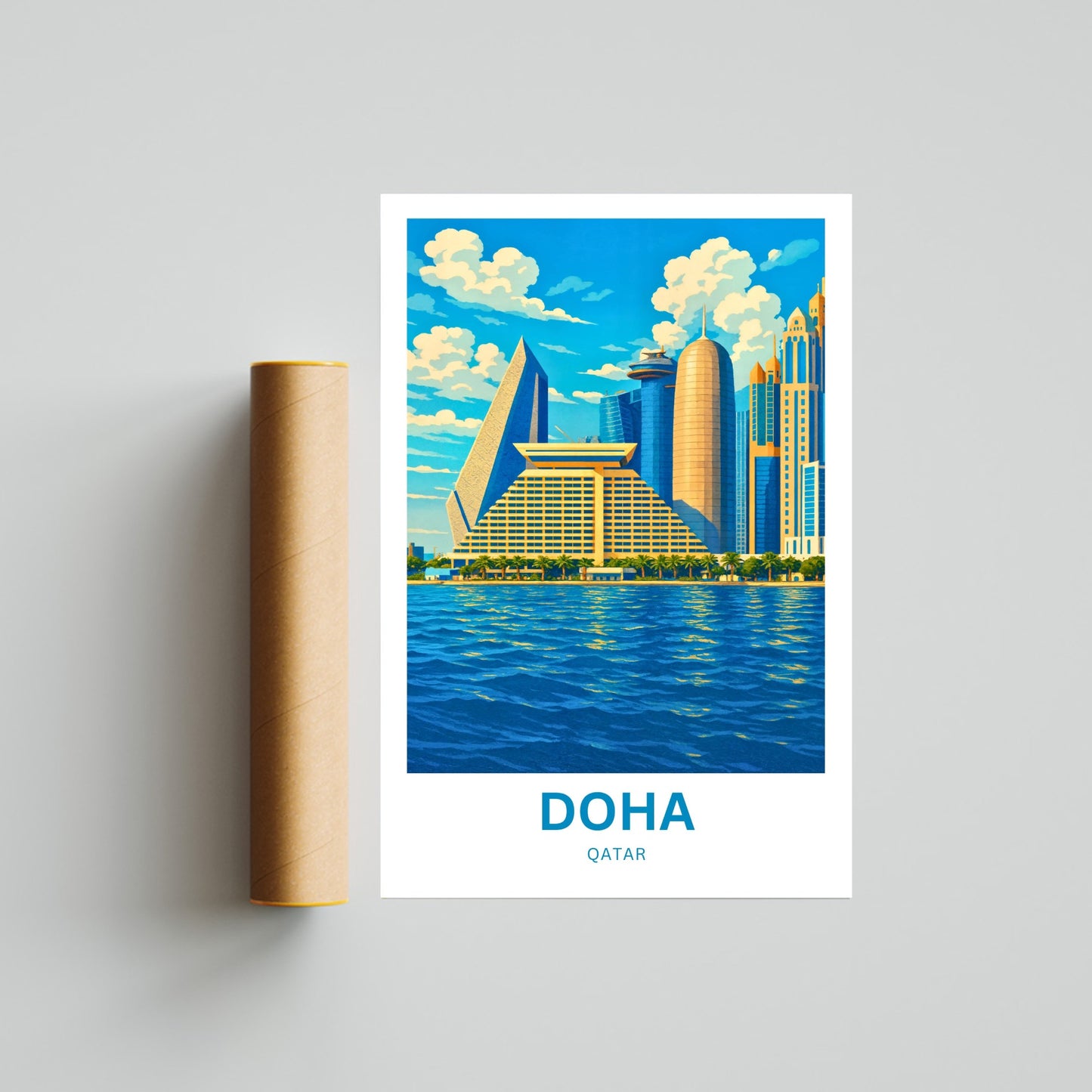 Doha Qatar Travel Poster - Iconic Sheraton Grand Doha and Skyscrapers