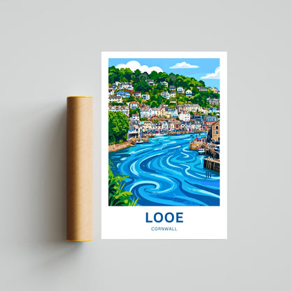 Looe, Cornwall Travel Poster - Harbour Days