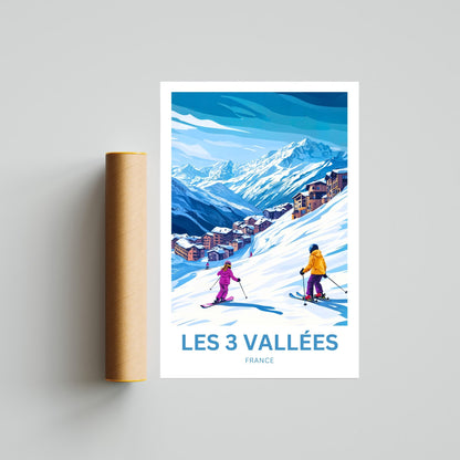 Les 3 Vallées Travel Poster- Ski through the Village Resort