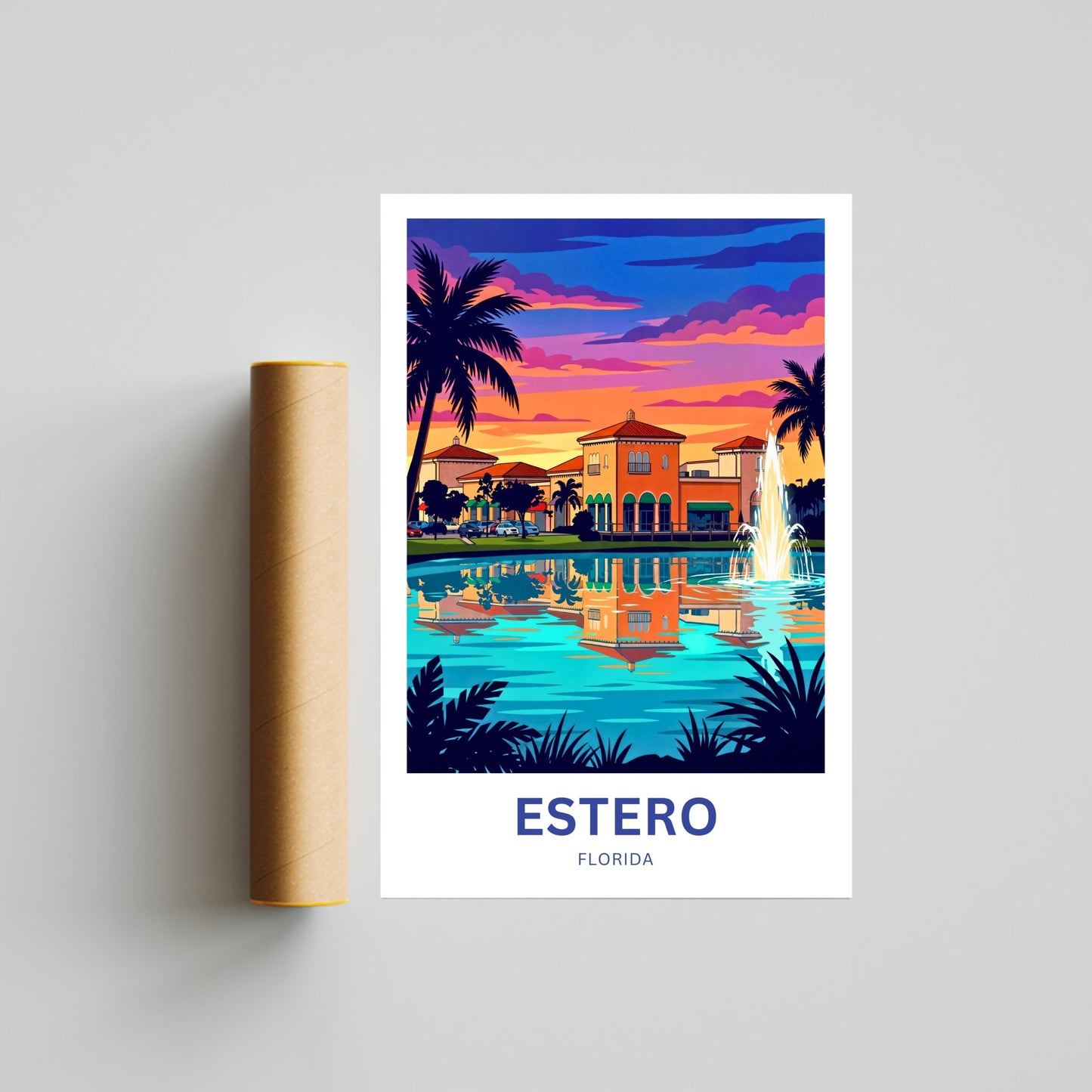 Estero Travel Poster - Palm Silhouette Evening