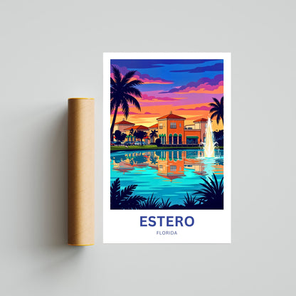 Estero Travel Poster - Palm Silhouette Evening
