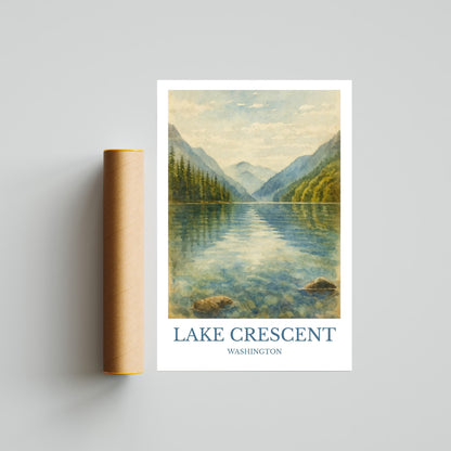 Lake Crescent, Watercolor design poster, Washington Print, Lake Crescent Wall Art