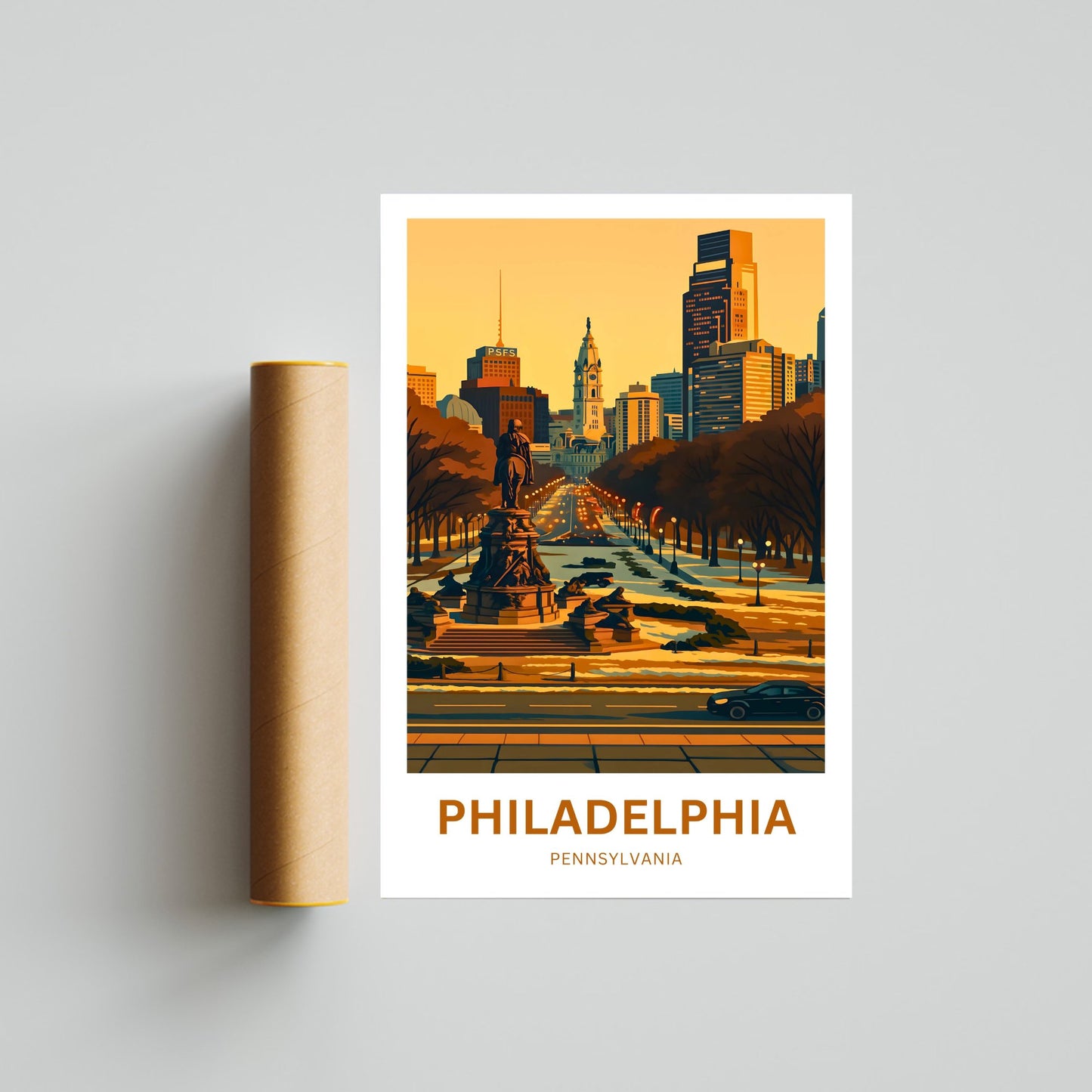Philadelphia Travel Poster - Sunset View City in Pennsylvania from Rocky Step