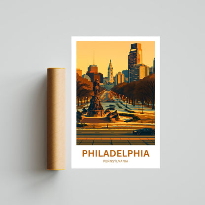 Philadelphia Travel Poster - Sunset View City in Pennsylvania from Rocky Step