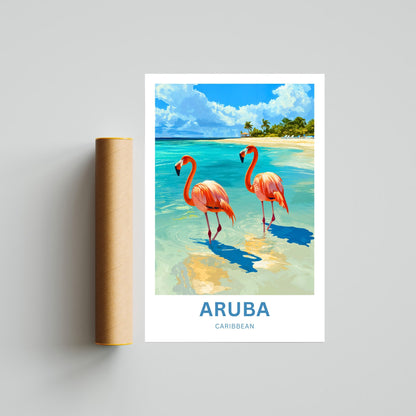 Aruba Travel Poster - Scenic Caribbean Beach View with Iconic Flamingos