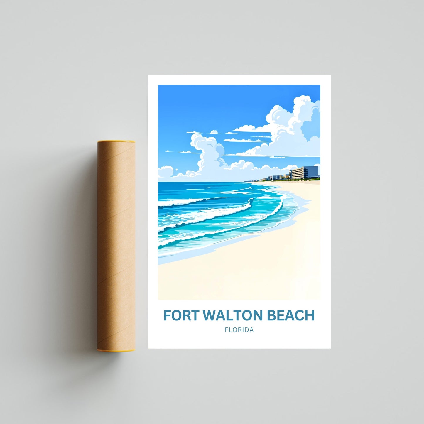 Fort Walton Beach Travel Poster - Sandy Shores, Happy Hearts