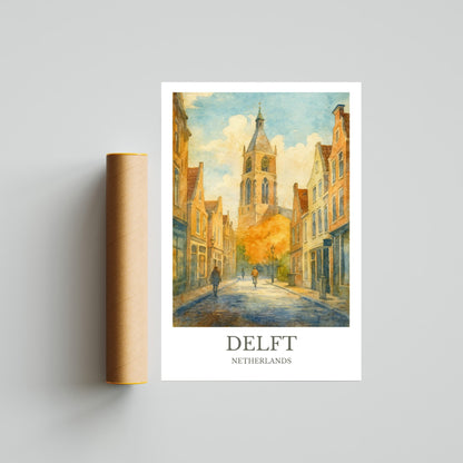 Delft, Watercolor design poster, Netherlands Print, Delft Wall Art