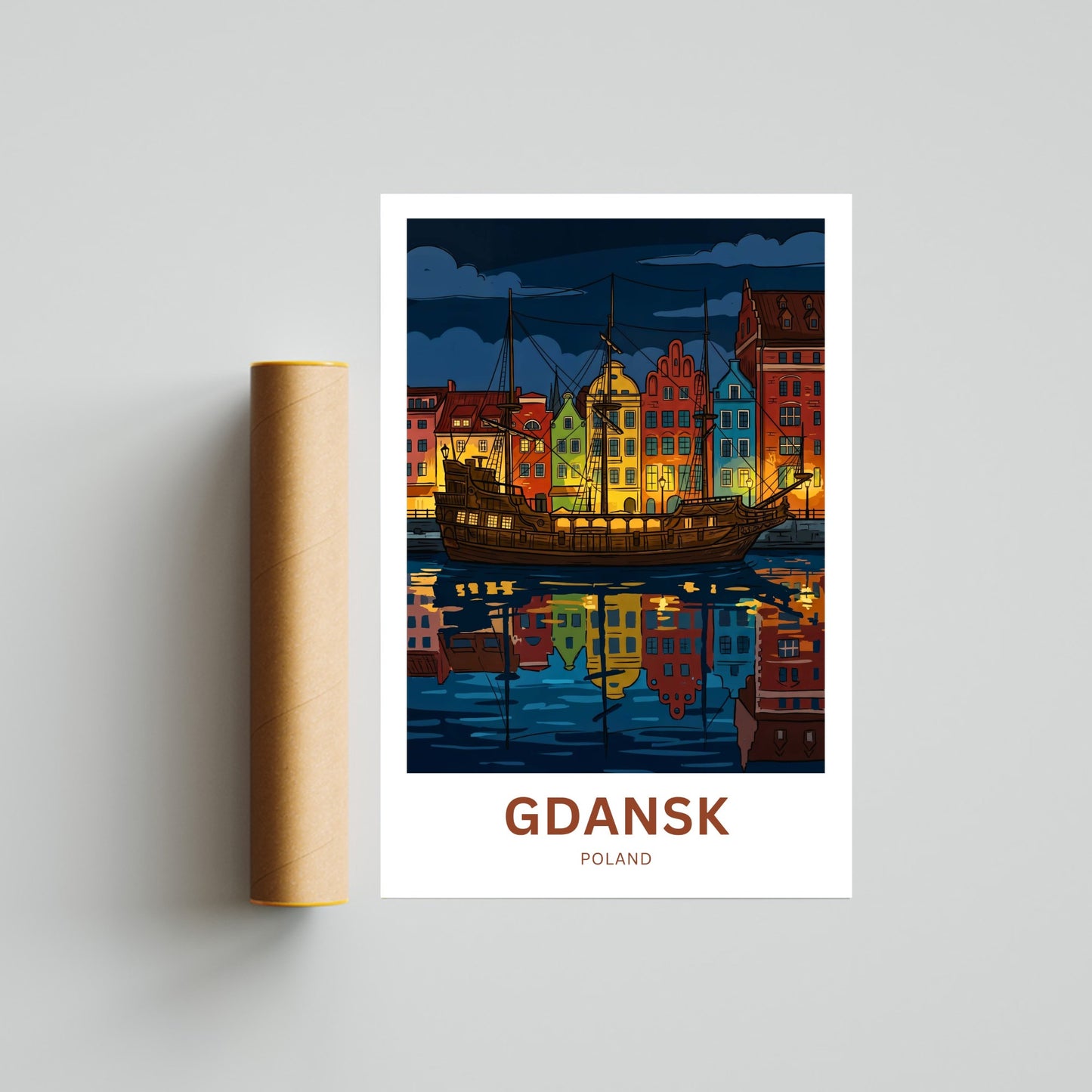 Gdańsk  Travel Poster - Harbor lights at midnight