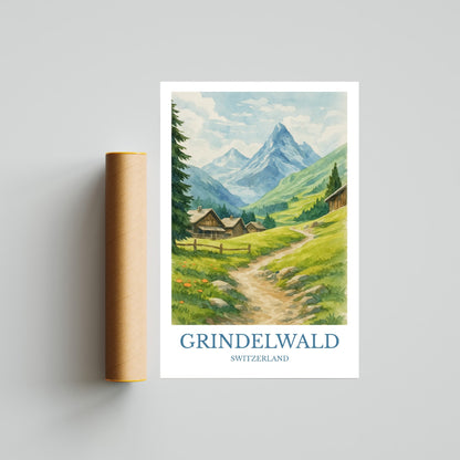 Grindelwald, Watercolor design poster, Switzerland Print, Grindelwald Wall Art