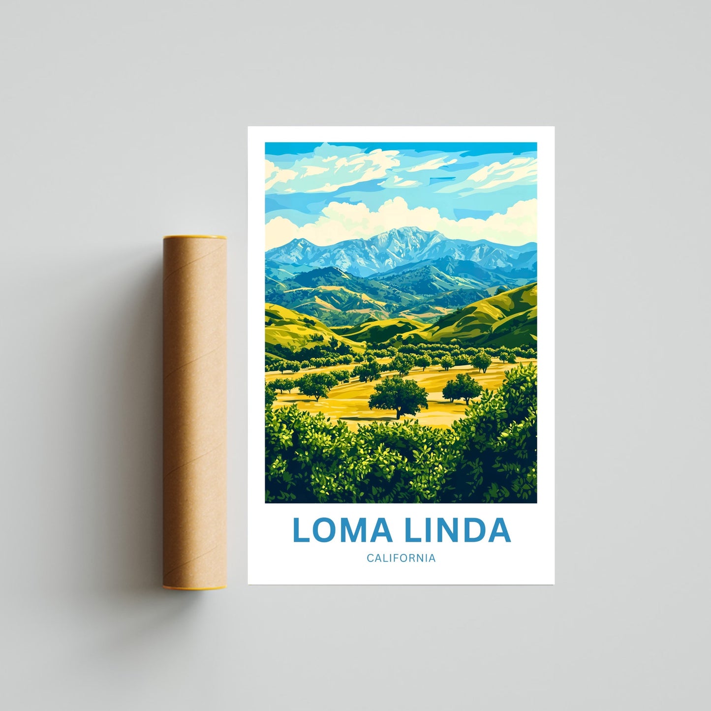 Loma Linda Travel Poster  - Captivating Golden and Blue Horizons