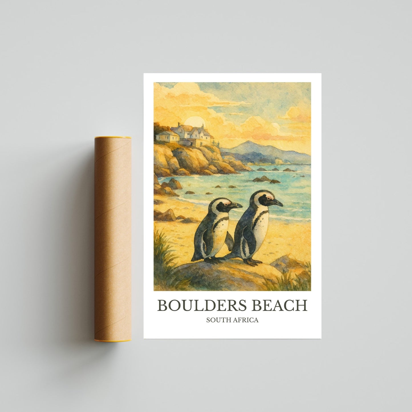 Boulder Beach, Watercolor design poster, South Africa Print, Boulder Beach Wall Art