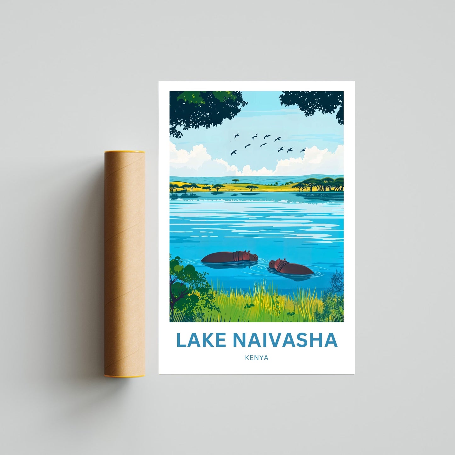 Lake Naivasha Travel Poster - Kenya Charming Lake with Birds and Hippos