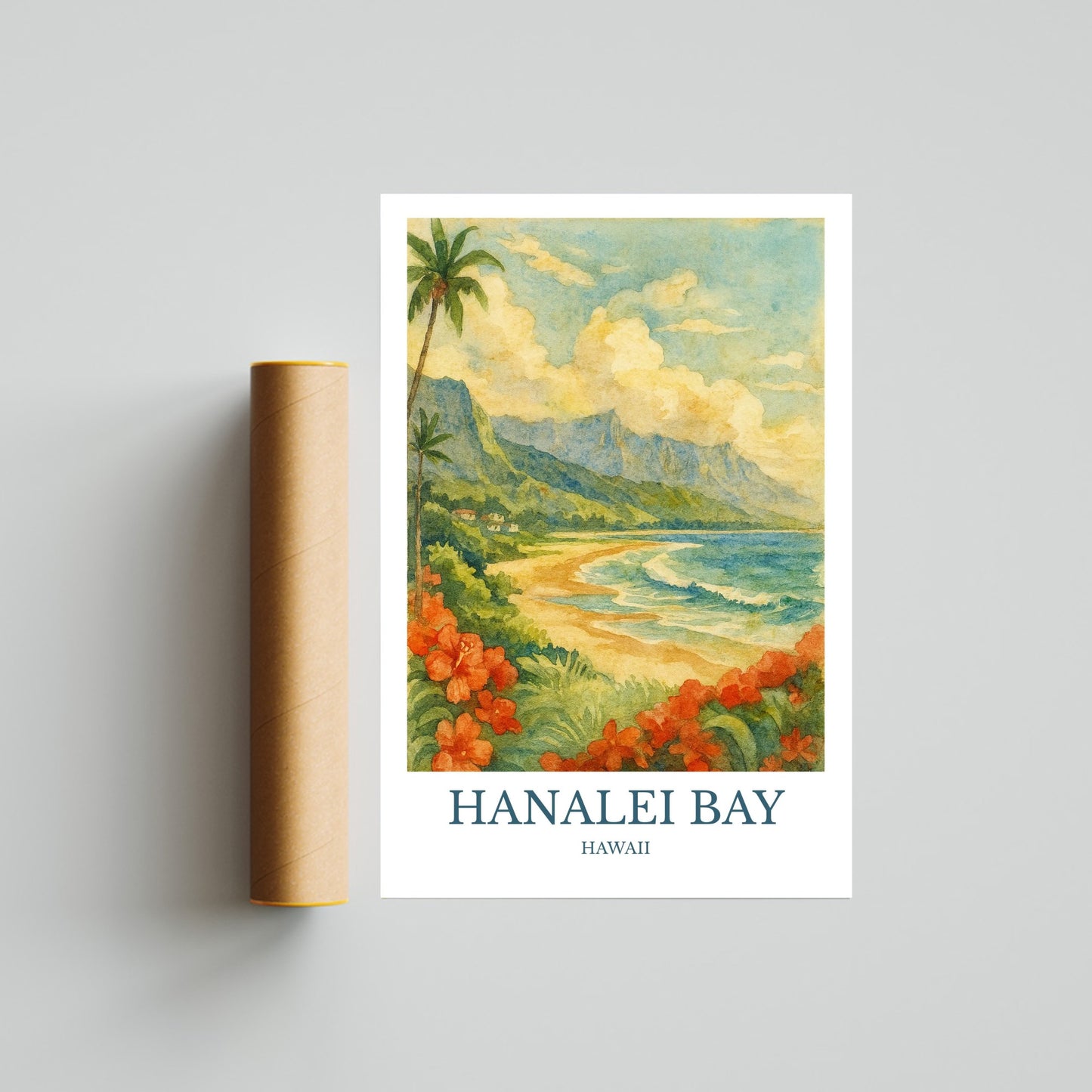 Hanalei Bay, Watercolor design poster, Hawaii Print, Hanalei Bay Wall Art