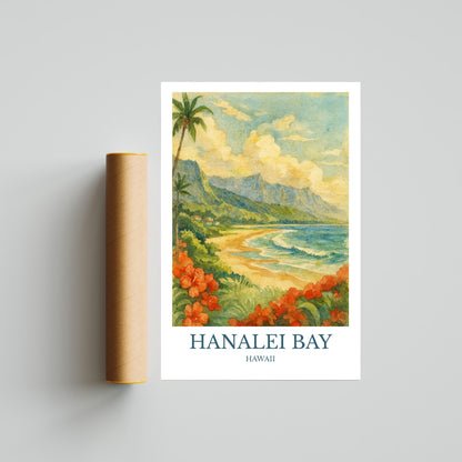 Hanalei Bay, Watercolor design poster, Hawaii Print, Hanalei Bay Wall Art