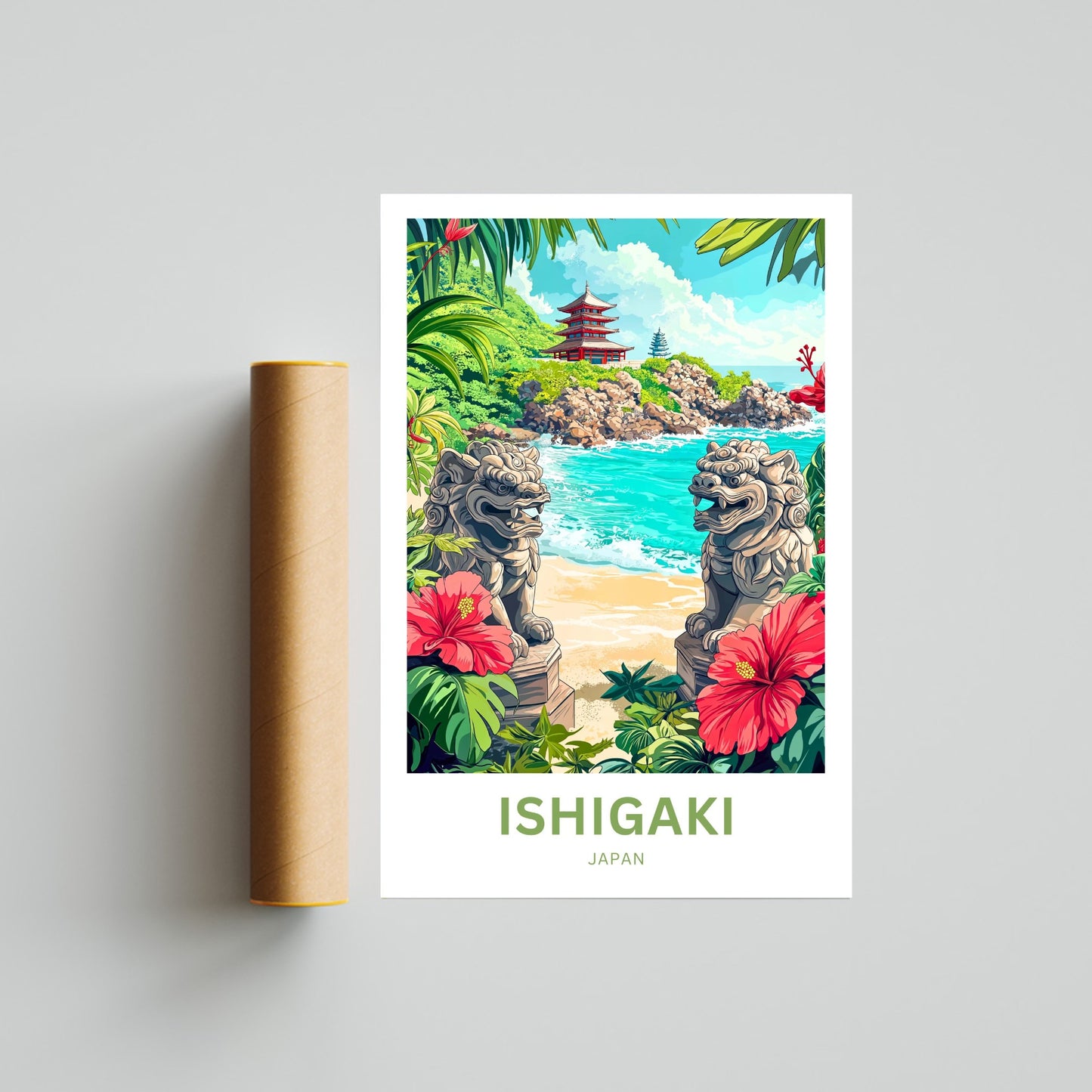 Ishigaki Travel Poster - Twin Shisa by the Sea