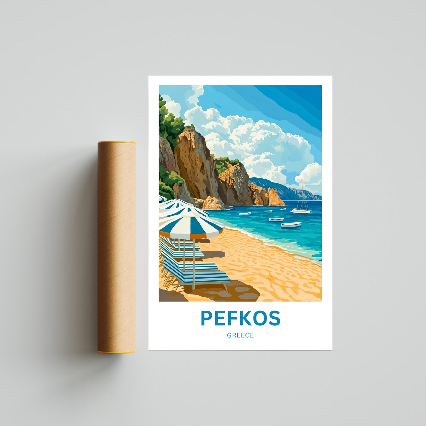 Pefkos Travel Poster - Beautiful Beach and Golden Sand