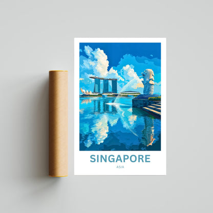 Singapore Travel Poster - Captivating View of  Watchful Merlion