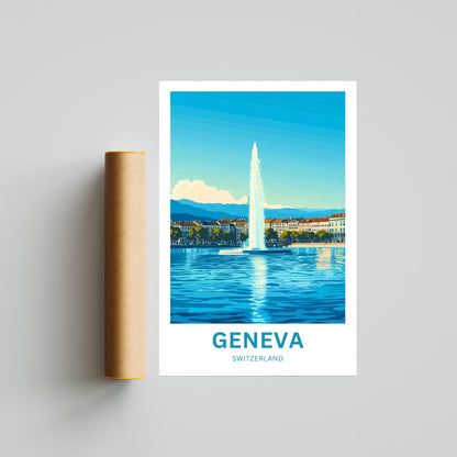 Geneva Travel Poster - Lake and Sky featuring Jet d'Eau rises