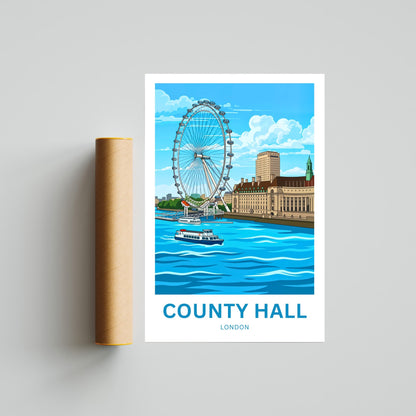 County Hall and London Eye Travel Poster - Waterfront