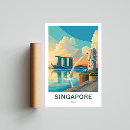 Singapore Travel Poster - Captivating View of Merlion and Sunset