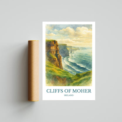 Cliffs of Moher, Watercolor design poster, Ireland Print, Cliffs of Moher Wall Art