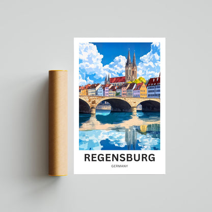Regensburg Travel Poster -  Iconic River Bridge in Germany