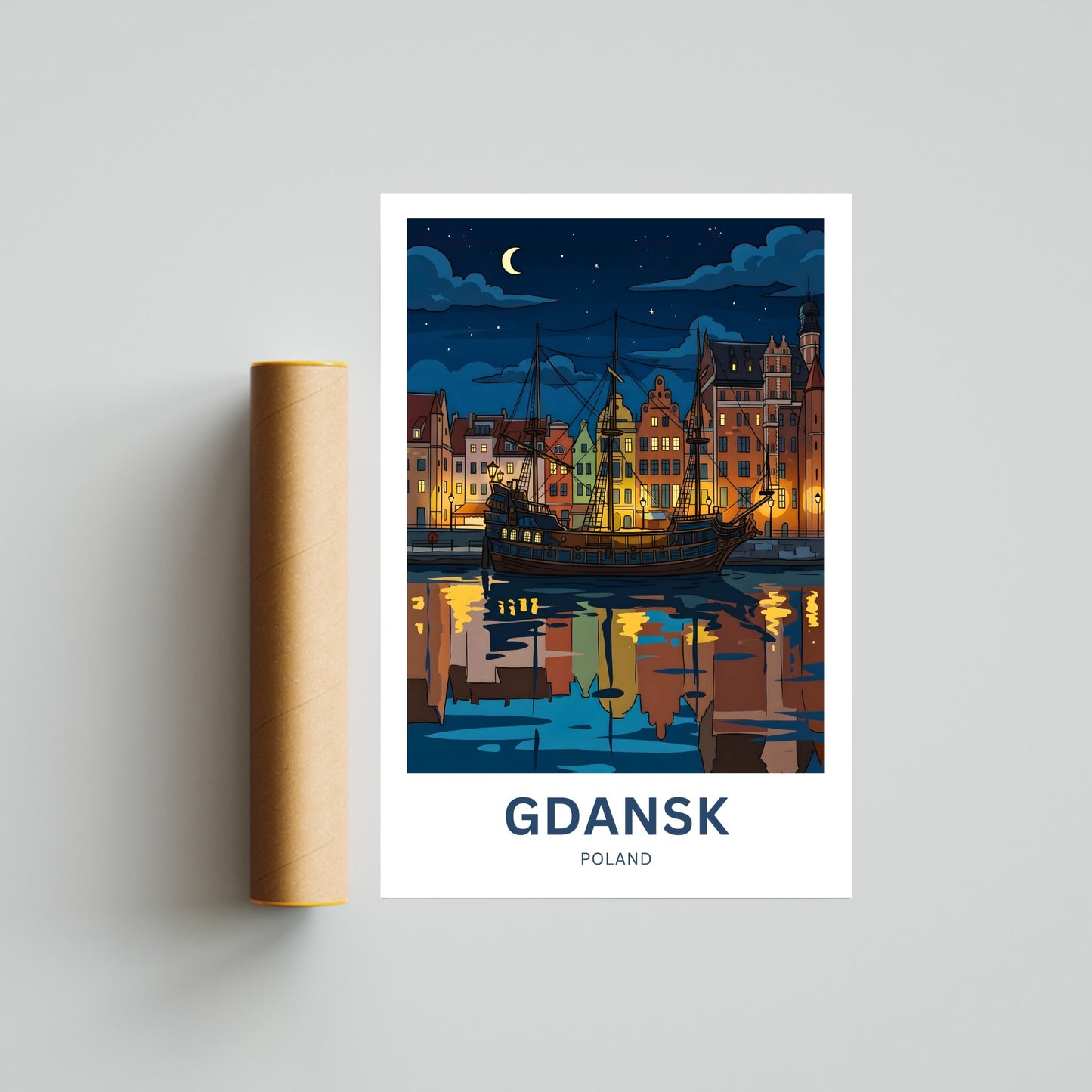Gdańsk  Travel Poster - Nightlights on The Water