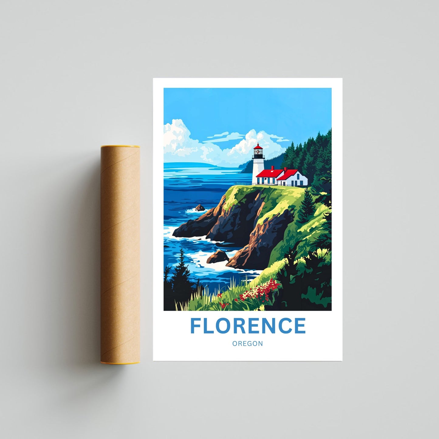 Florence Oregon Travel Poster - Captivating View of Heceta Head Lighthouse