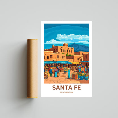 Santa Fe Travel Poster - Bustling Market in New Mexico